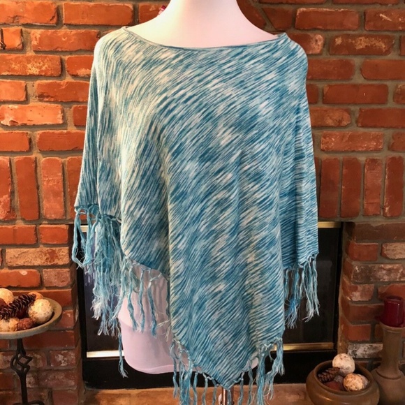 Southwestern Blue White Fringe PONCHO Cape Shawl - Picture 4 of 6